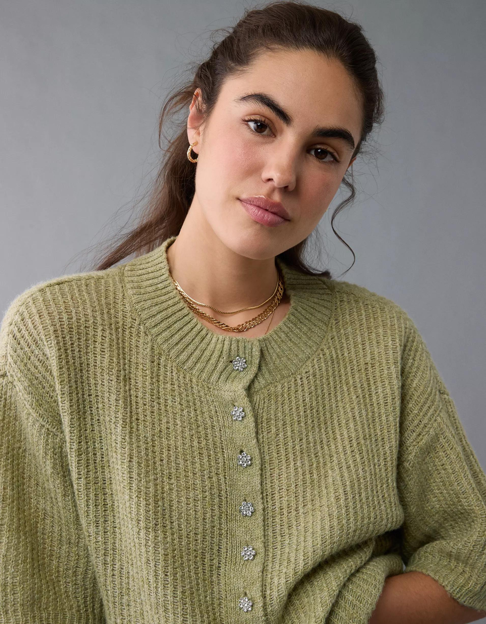 AE Short-Sleeve Crew Neck Cropped Cardigan Product Image