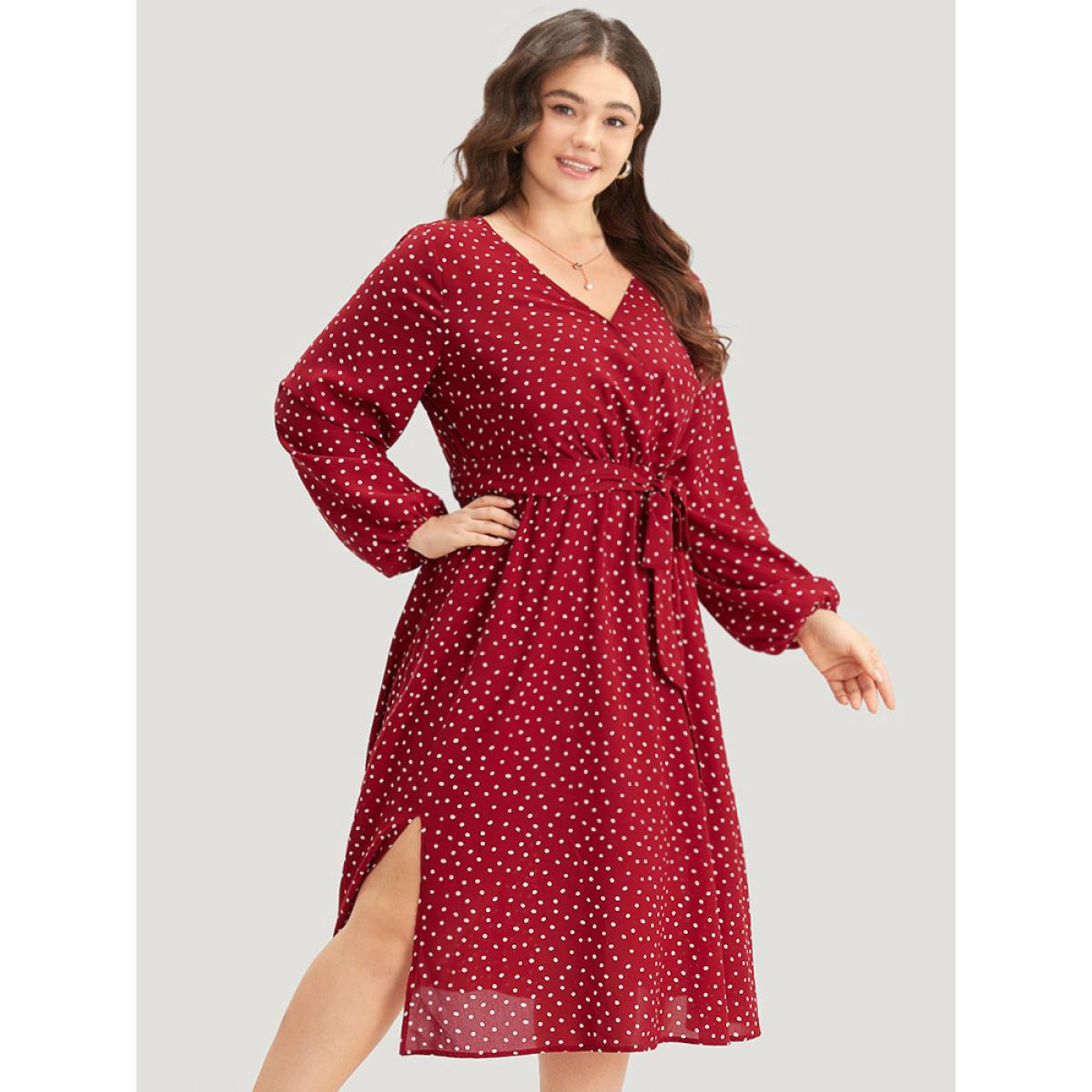 Plus Size Polka Dot Split Side Belted Lantern Sleeve Dress Scarlet Women Elegant Elastic cuffs V-neck Long Sleeve Curvy Midi Dress BloomChic 18-20/2X Product Image