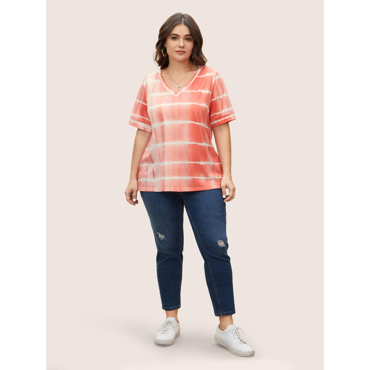Plus Size V Neck Tie Dye Striped T-shirt Salmon Women Casual Contrast V-neck Everyday T-shirts BloomChic 30/6X Product Image