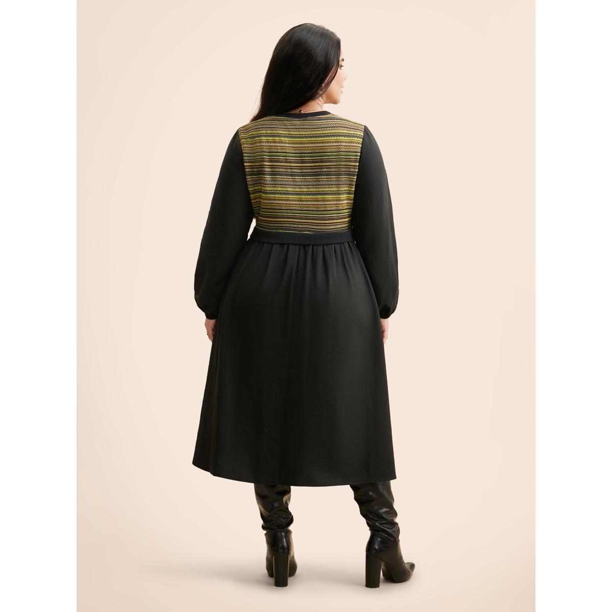 Plus Size Striped Patchwork Texture Lantern Sleeve Dress Black Women Elegant Texture Round Neck Long Sleeve Curvy BloomChic 18-20/2X Product Image