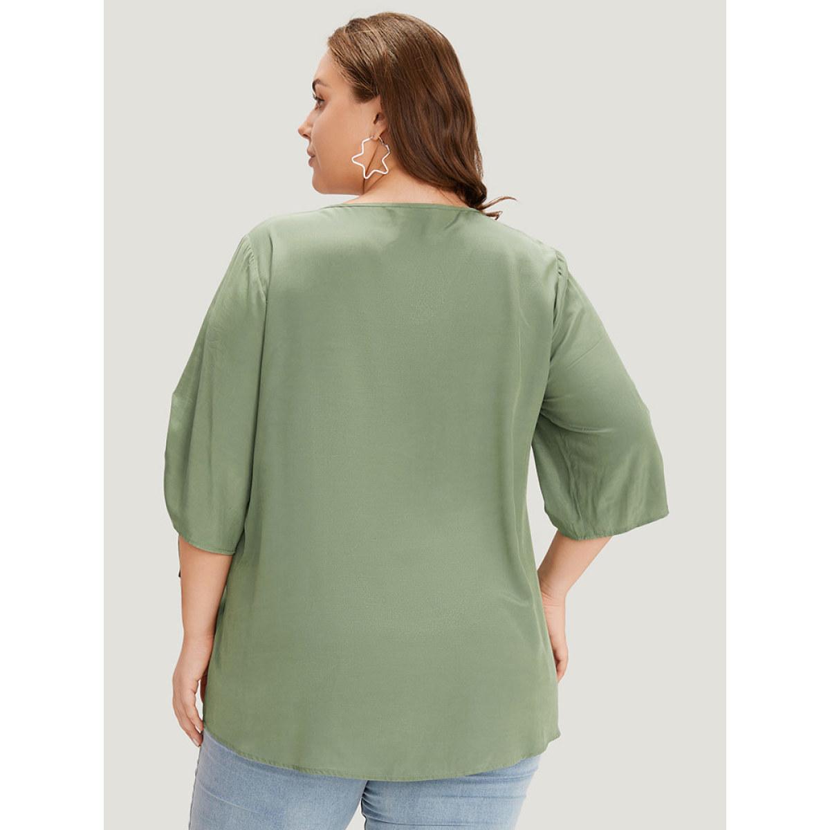 Plus Size Mint Supersoft Essentials Plain Notched Pleated Drawstring Blouse Women Office Half Sleeve Notched collar Work Blouses BloomChic 14-16/1X Product Image