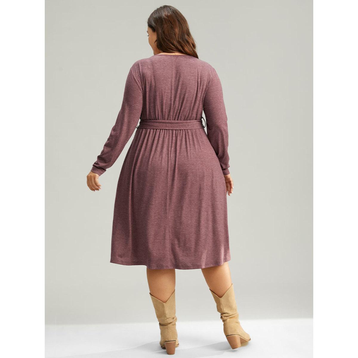 Plus Size Plain Pleated Hem Belted Long Sleeve Dress DustyPink Women Elegant Plain Round Neck Long Sleeve Curvy Midi Dress BloomChic 14-16/1X Product Image
