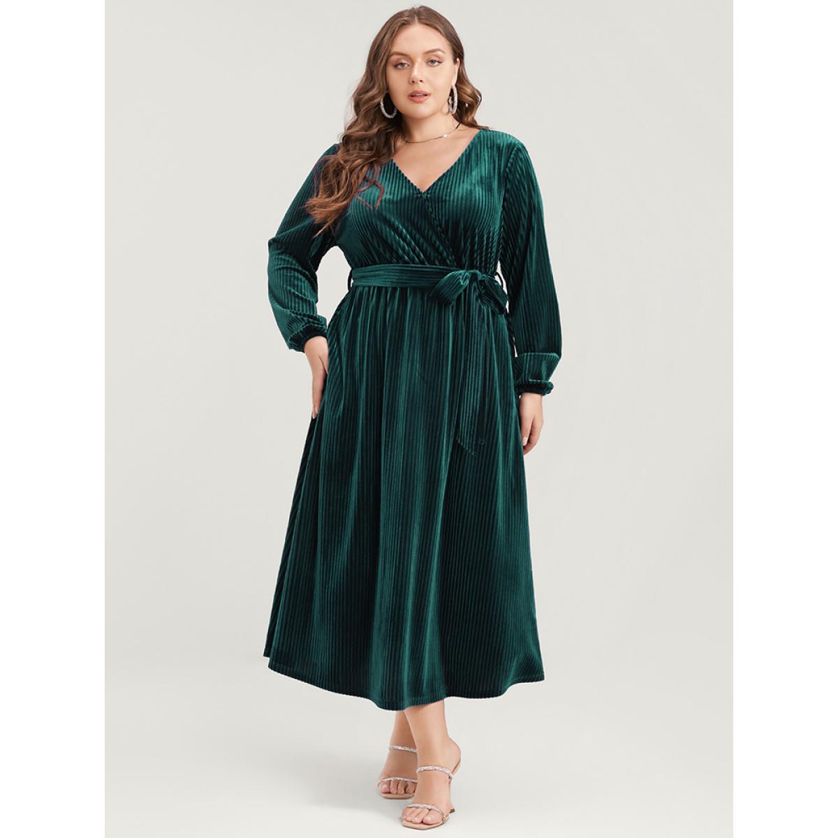 Plus Size Striped Velvet Pocket Lantern Sleeve Belted Wrap Dress DarkGreen Women Glamour Pocket V-neck Long Sleeve Curvy Midi Dress BloomChic 22-24/3X Product Image