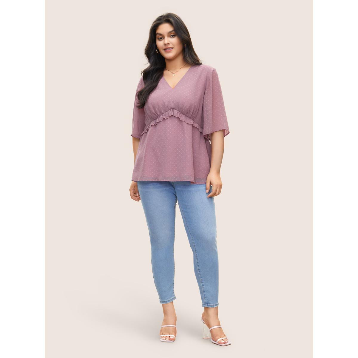 Plus Size Mauve Chiffon Mesh Texture Polka Dot Frill Trim Blouse Women Elegant Half Sleeve V-neck Everyday Blouses BloomChic 22-24/3X Product Image