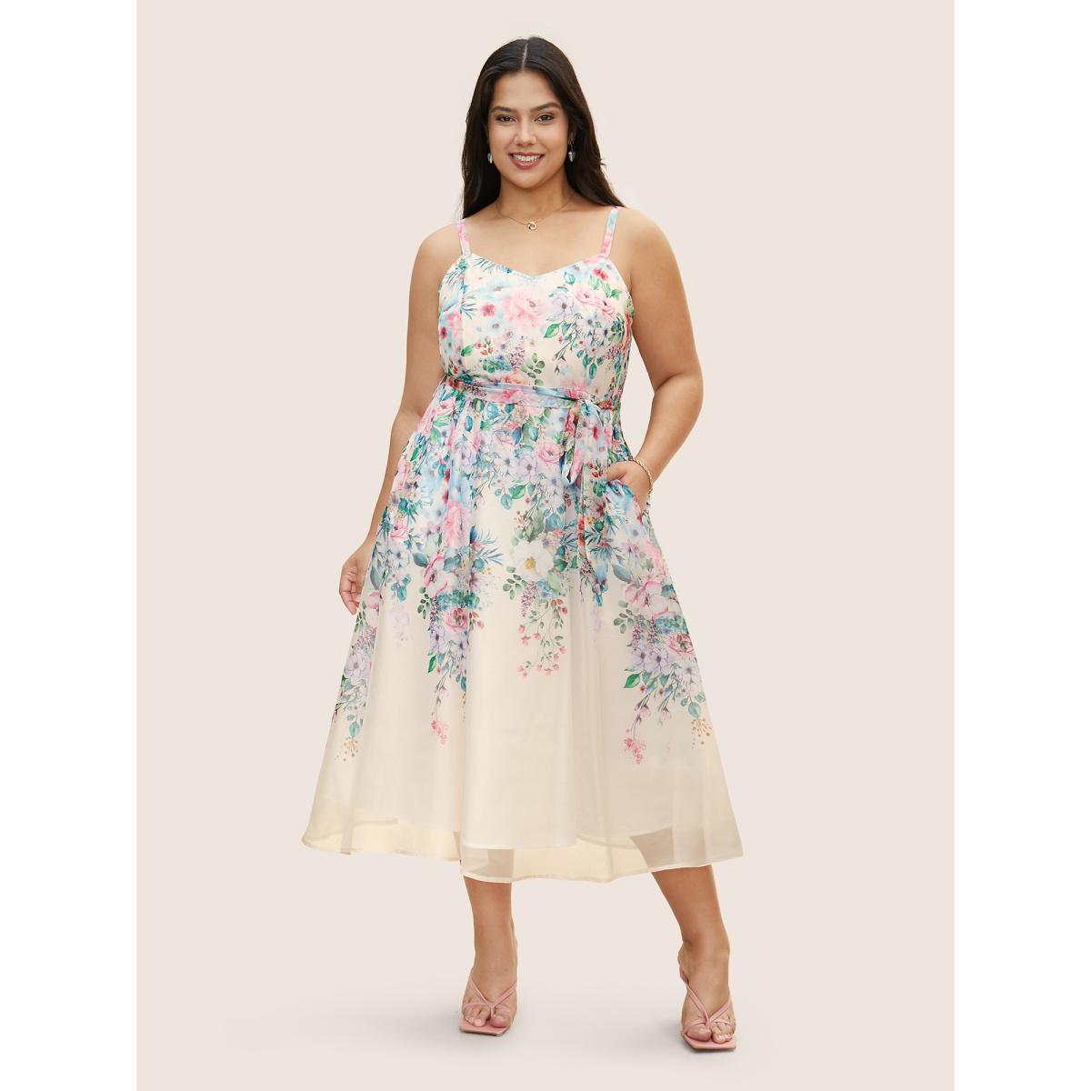 Plus Size Floral Mesh Elastic Waist Belted Cami Dress Champagne Women Elegant Belted U-neck Sleeveless Curvy BloomChic 30/6X Product Image