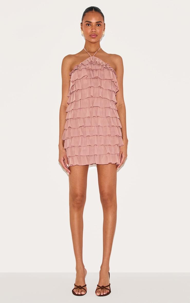 Dusty Peach Extreme Ruffle Halterneck Shift Dress Product Image