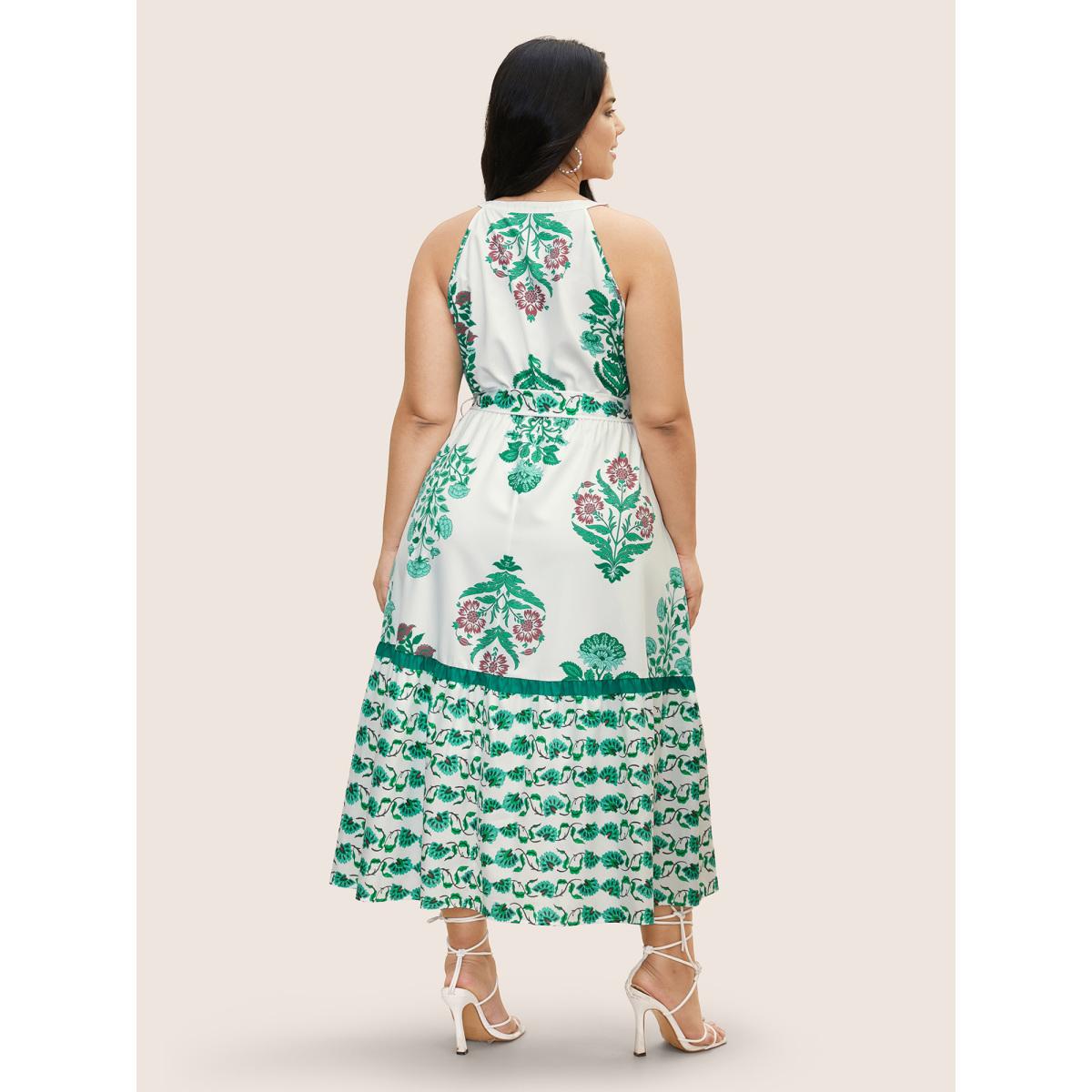 Plus Size Bandana Print Belted Sleeveless Maxi Dress Malachitegreen Women Resort Belted Round Neck Sleeveless Curvy BloomChic 28/5X Product Image