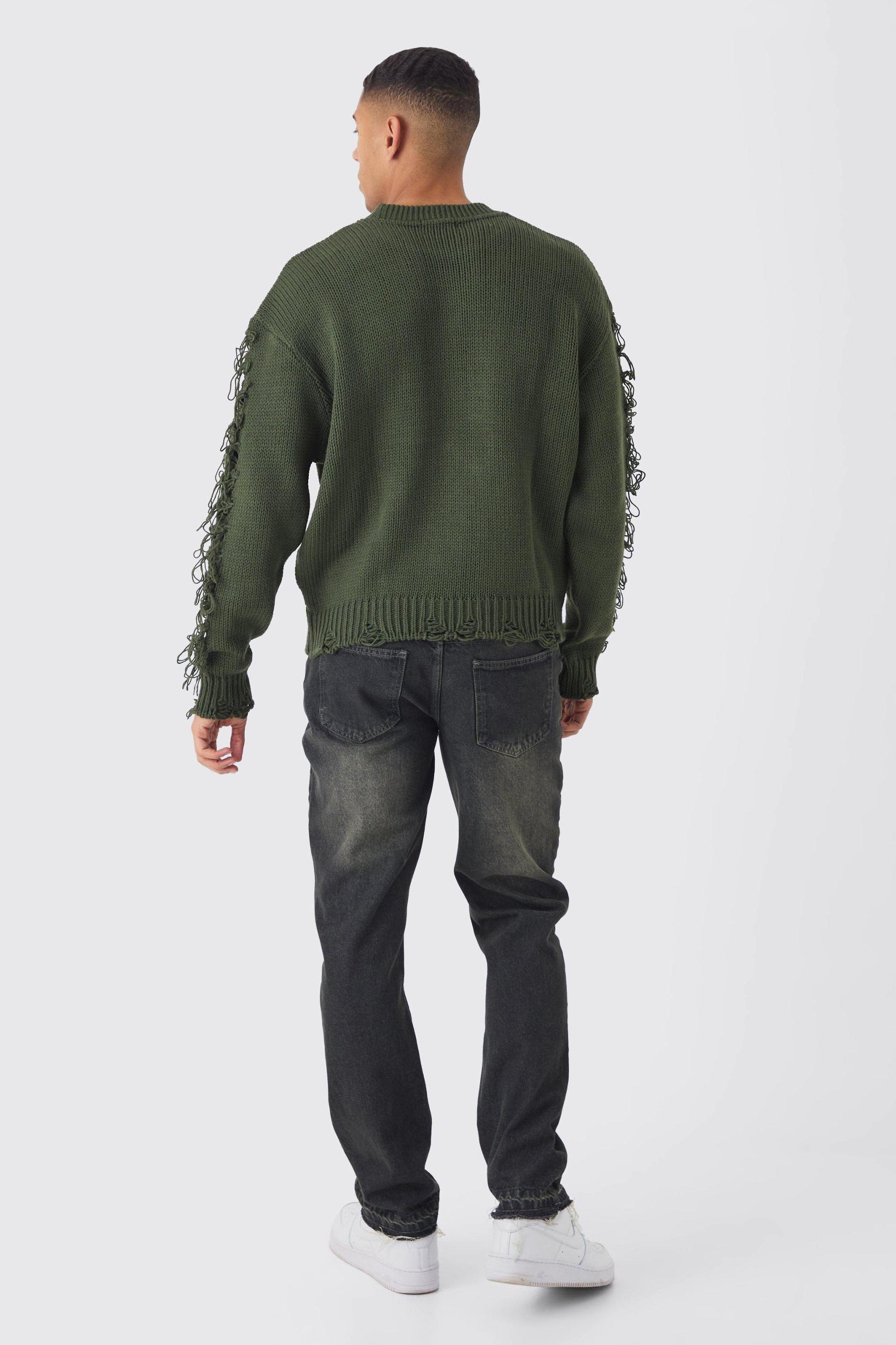 Oversized Distressed Sleeve Knitted Sweater | boohooMAN USA Product Image
