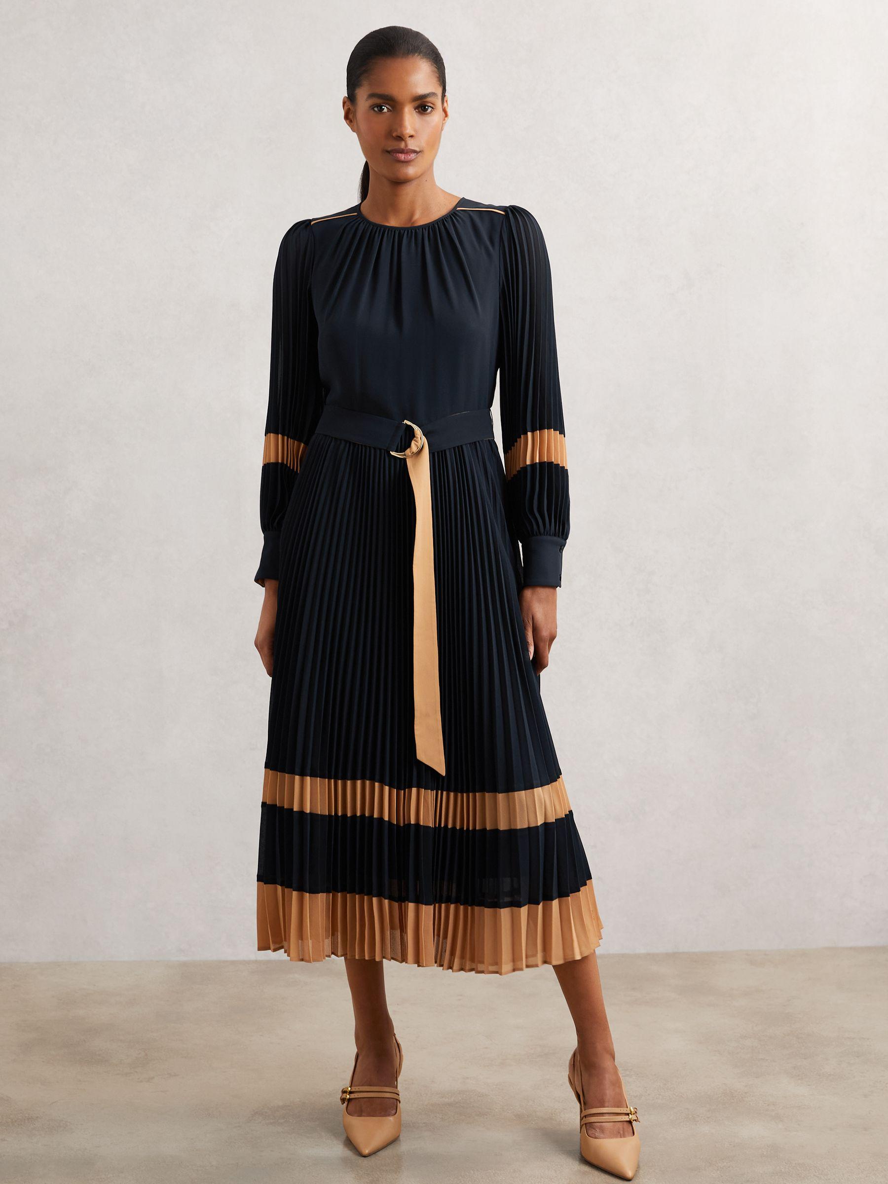 Colour-Block Pleated Midi Dress in Navy/Camel Product Image