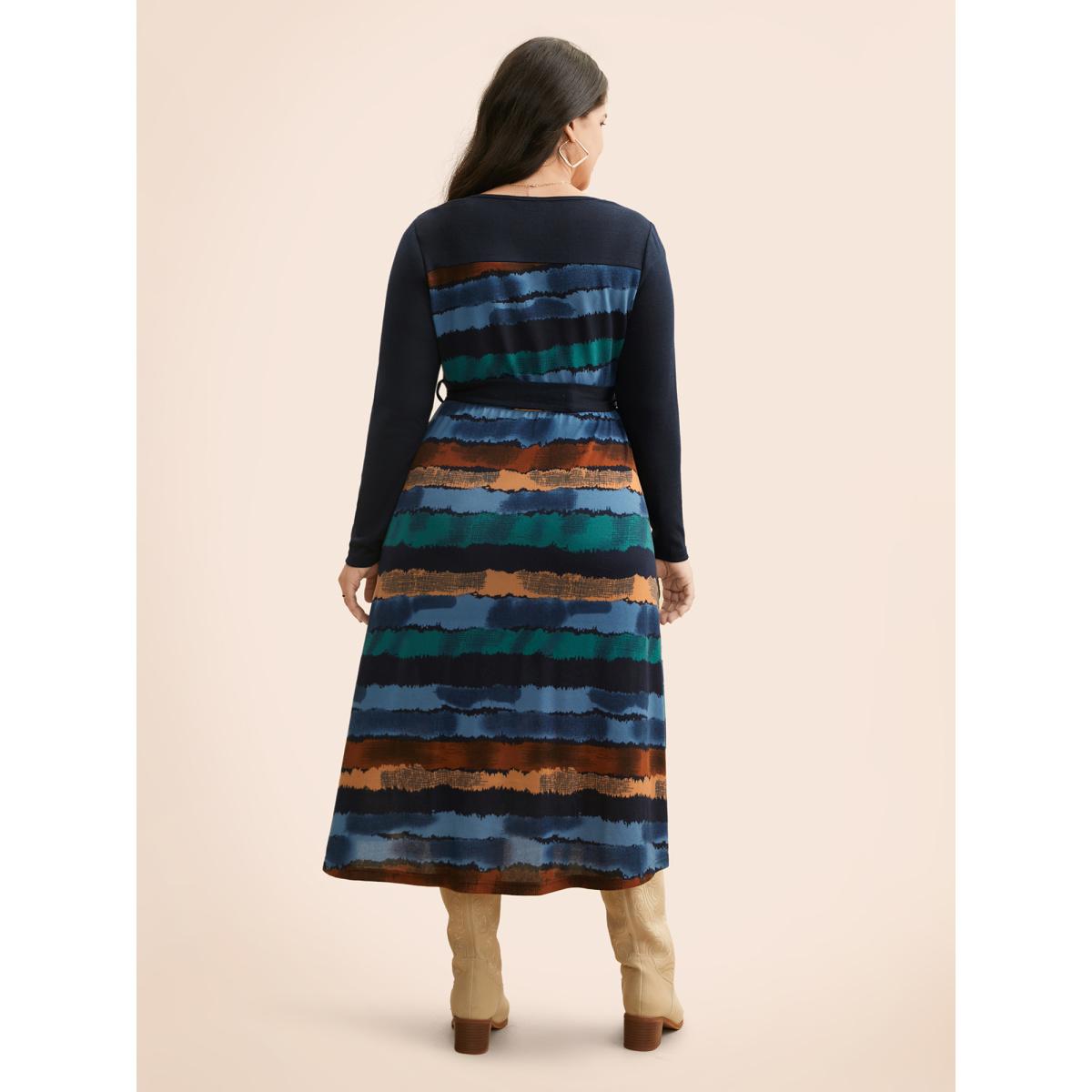 Plus Size Contrast Striped Round Neck Midi Dress Indigo Women Casual Belted Knit Dresses Bloomchic 26/4X Product Image