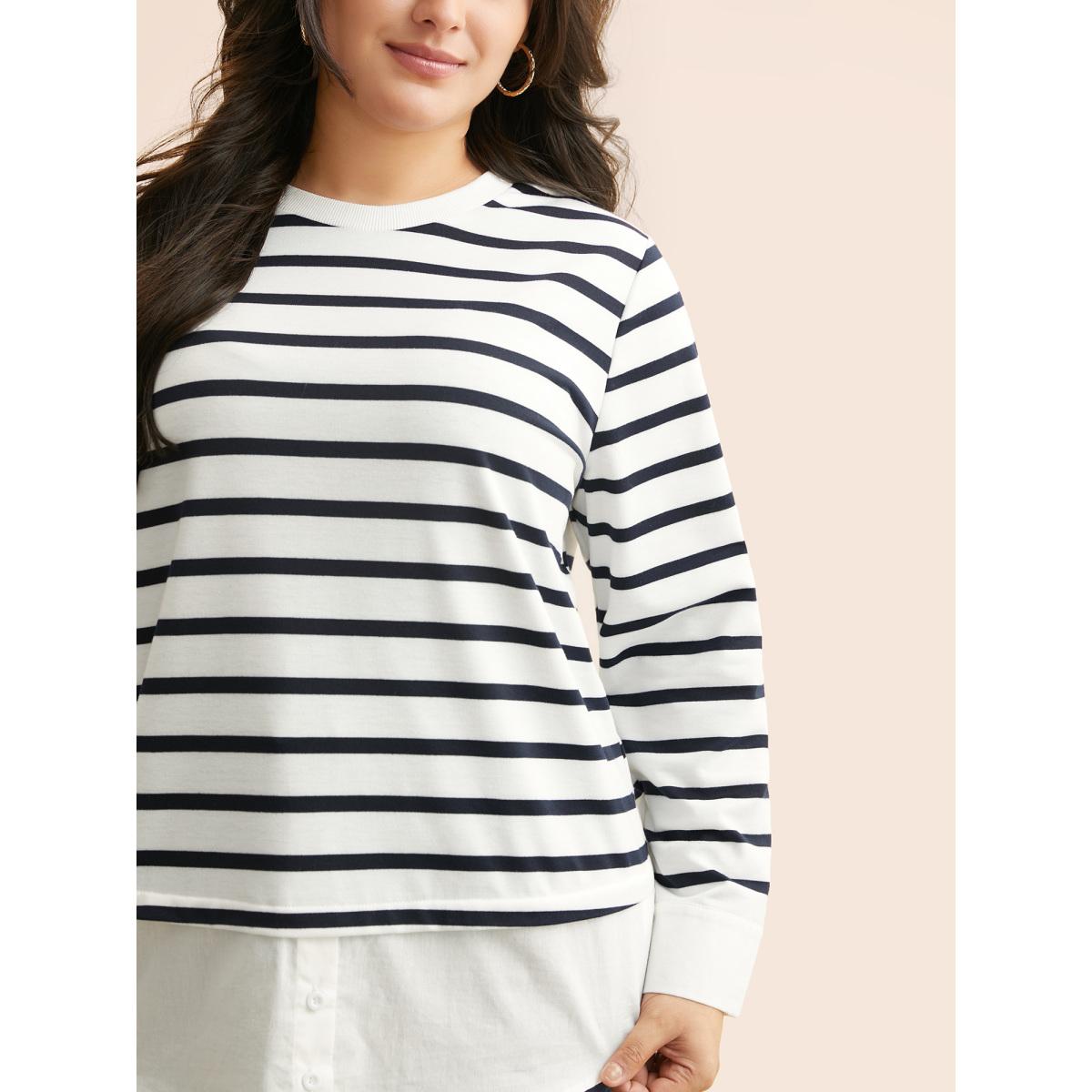 Plus Size 2-In-1 Striped Patchwork Button Detail Sweatshirt Women Navy Casual Contrast Round Neck Everyday Sweatshirts BloomChic 18-20/2X Product Image