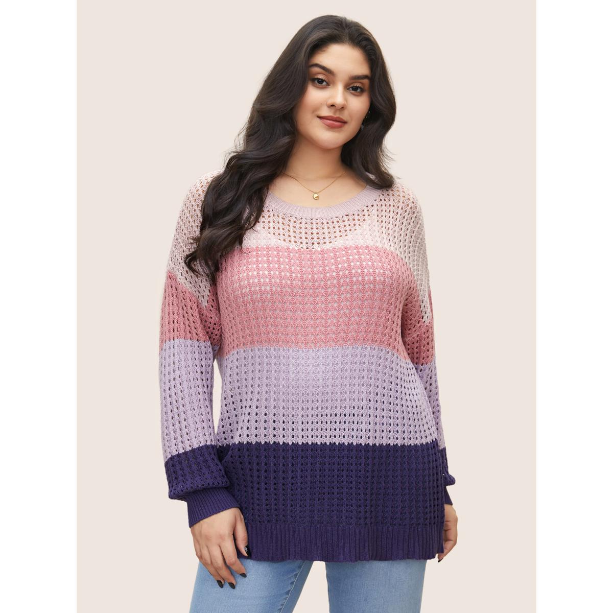 Plus Size Colorblock Contrast Pointelle Knit Drop Shoulder Pullover Watermelon Women Casual Long Sleeve Round Neck Everyday Pullovers BloomChic 18-20/2X Product Image