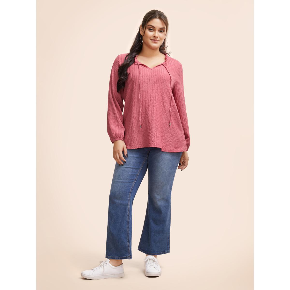 Plus Size Textured Tie Knot Lantern Sleeve T-shirt Beanpastepowder Women Casual Tie knot V-neck Everyday T-shirts BloomChic 12/L Product Image