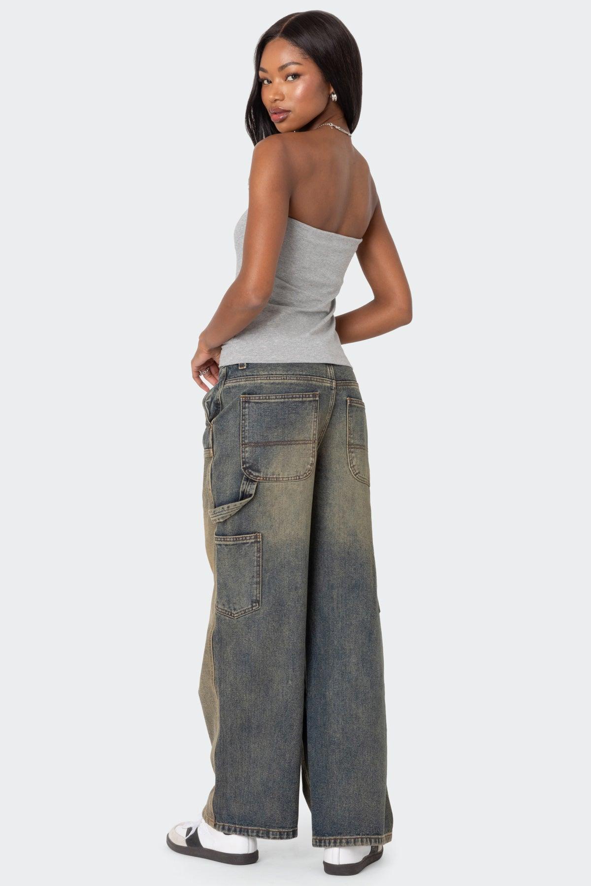 Contrast Panel Washed Mid Rise Baggy Jeans Product Image