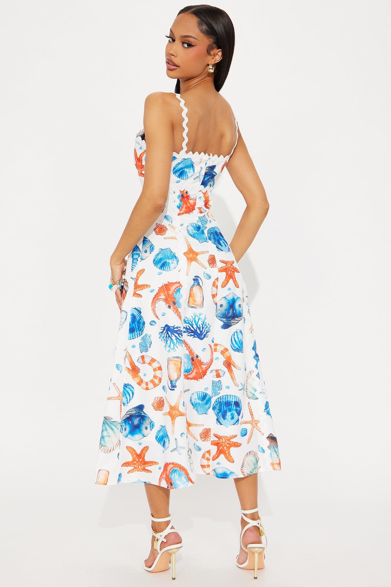 Under The Sea Tropical Poplin Midi Dress - Blue/combo Product Image