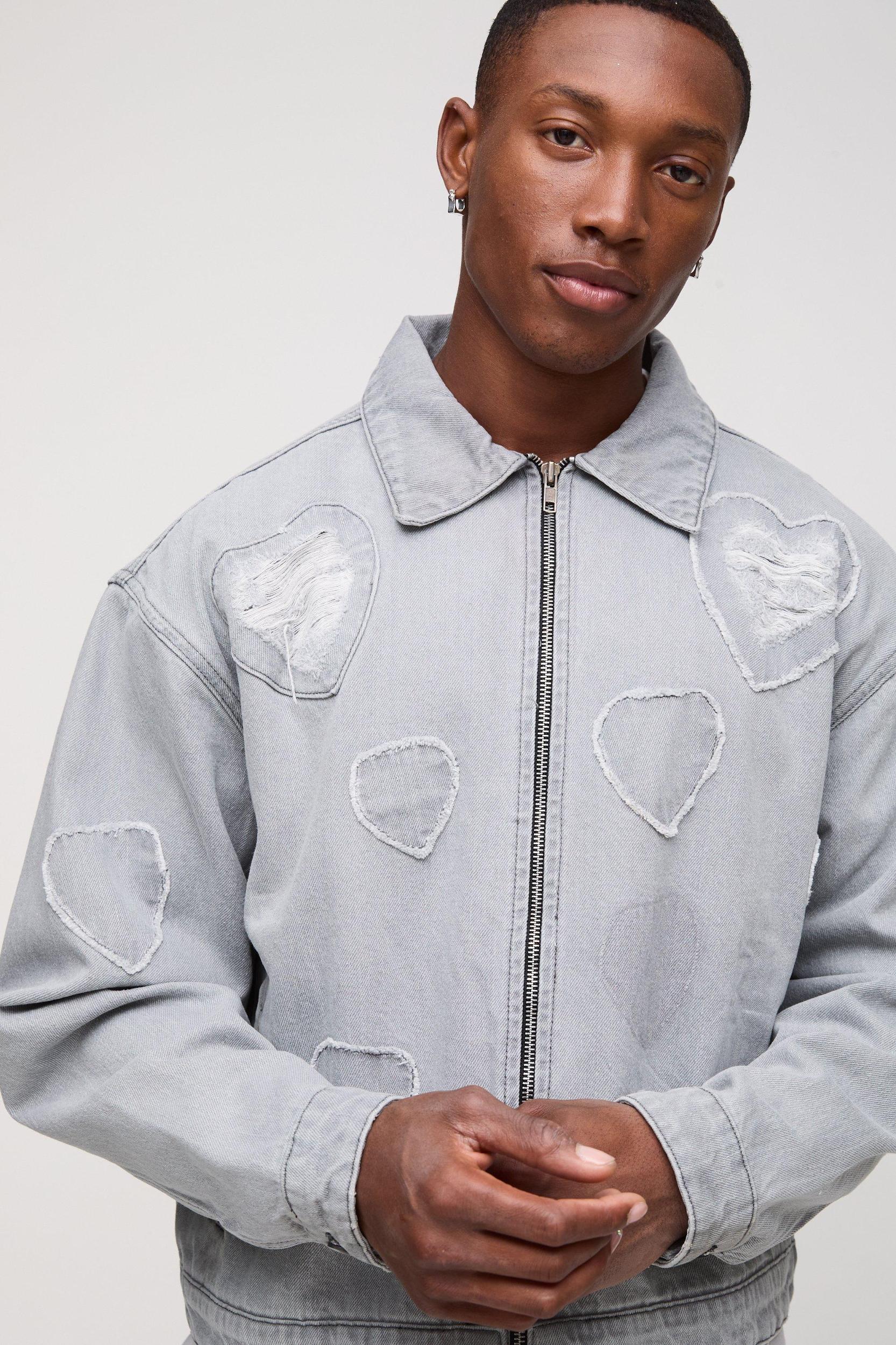Boxy Fit Heart Applique Denim Bomber Jacket | boohooMAN USA Product Image