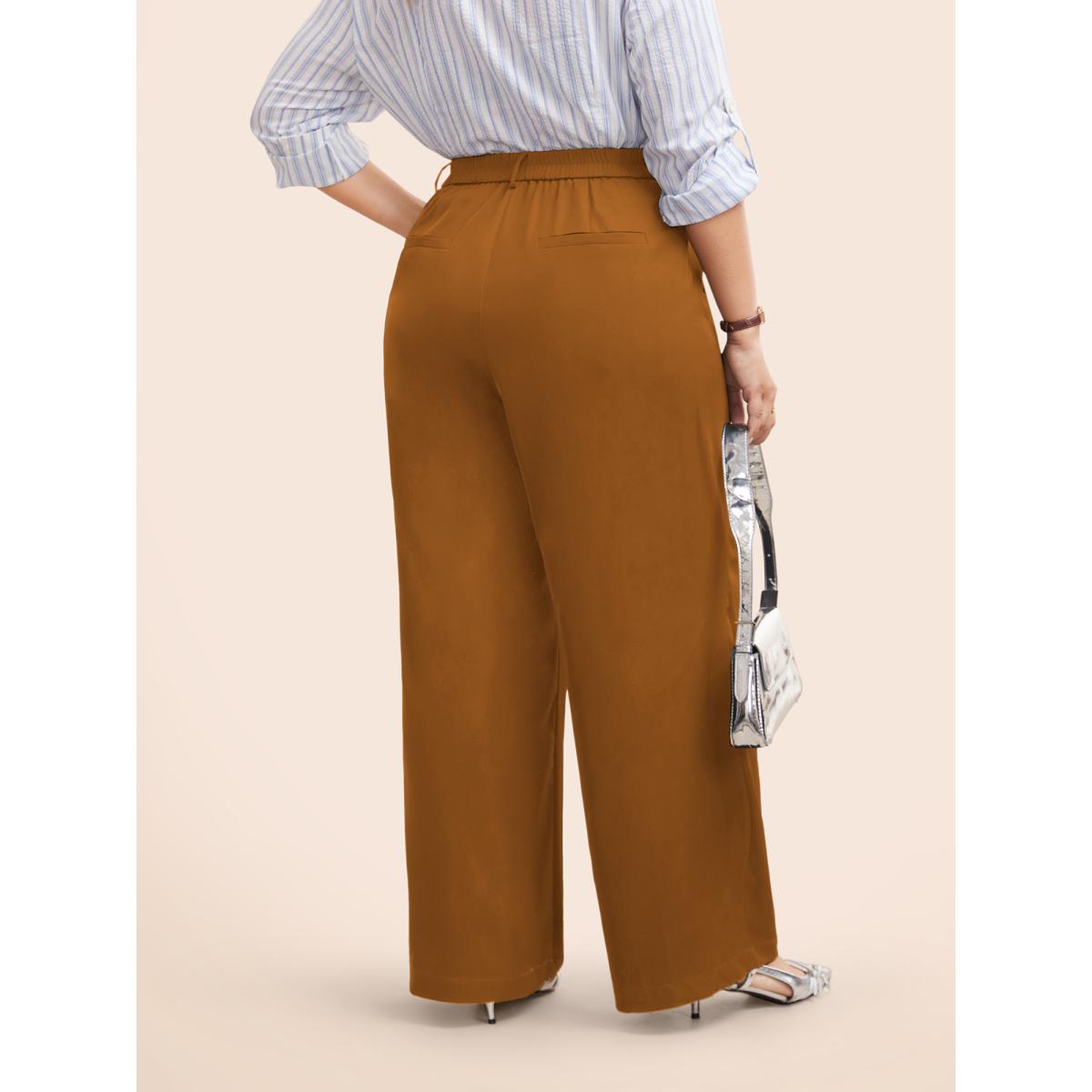 Plus Size Stretch Woven Pleated Elastic Waist Pants Women Yellowishbrown At the Office Wide Leg Mid Rise Office Pants BloomChic 30/6X Product Image