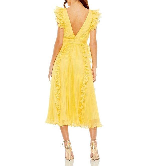 Mac Duggal Pleated Chiffon Deep V-Neck Flutter Sleeve Ruffle Midi Dress Product Image