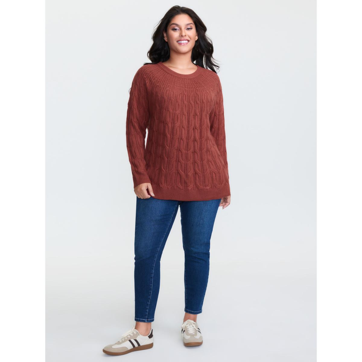 Plus Size Crew Neck Cable Knit Pullover Rust Women Leisure Loose Long Sleeve Round Neck Casual Pullovers BloomChic 18-20/2X Product Image