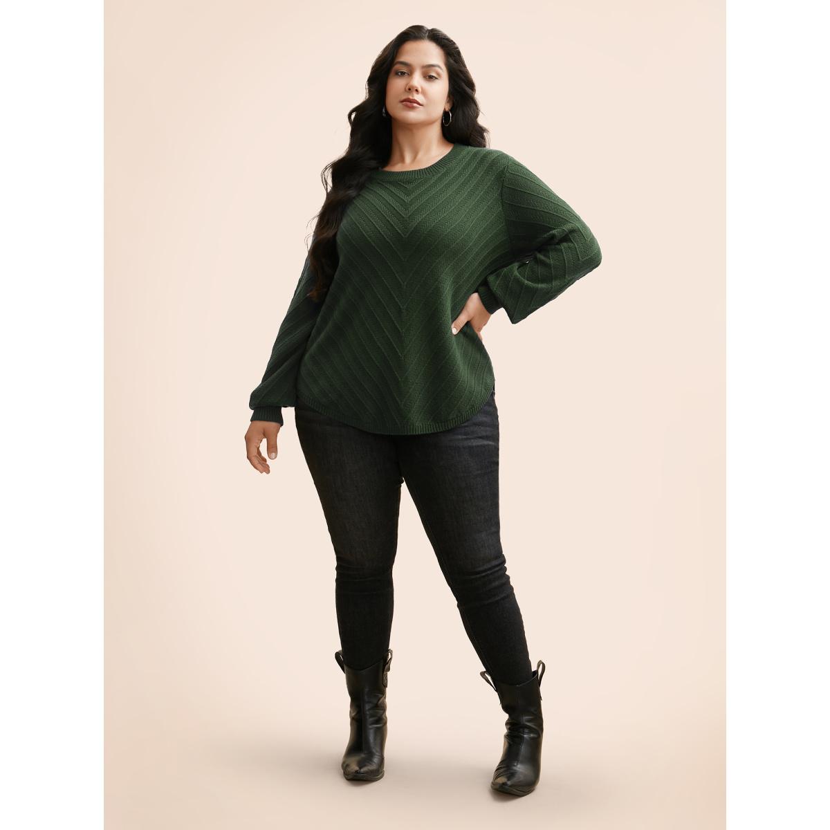 Plus Size Plain Textured Crew Neck Pullover DarkGreen Women Casual Loose Long Sleeve Boat Neck Everyday Pullovers BloomChic 28/5X Product Image