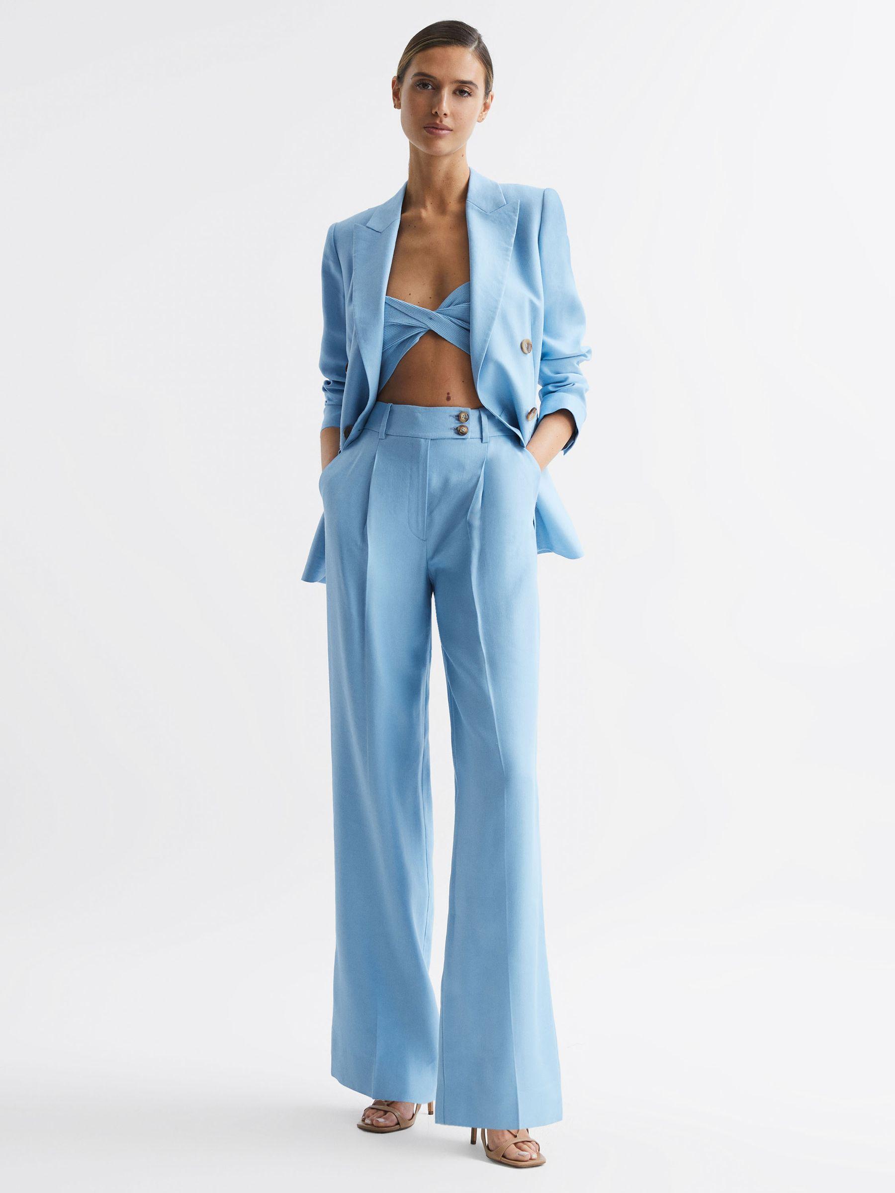 Wide Leg Linen Trousers in Blue Product Image