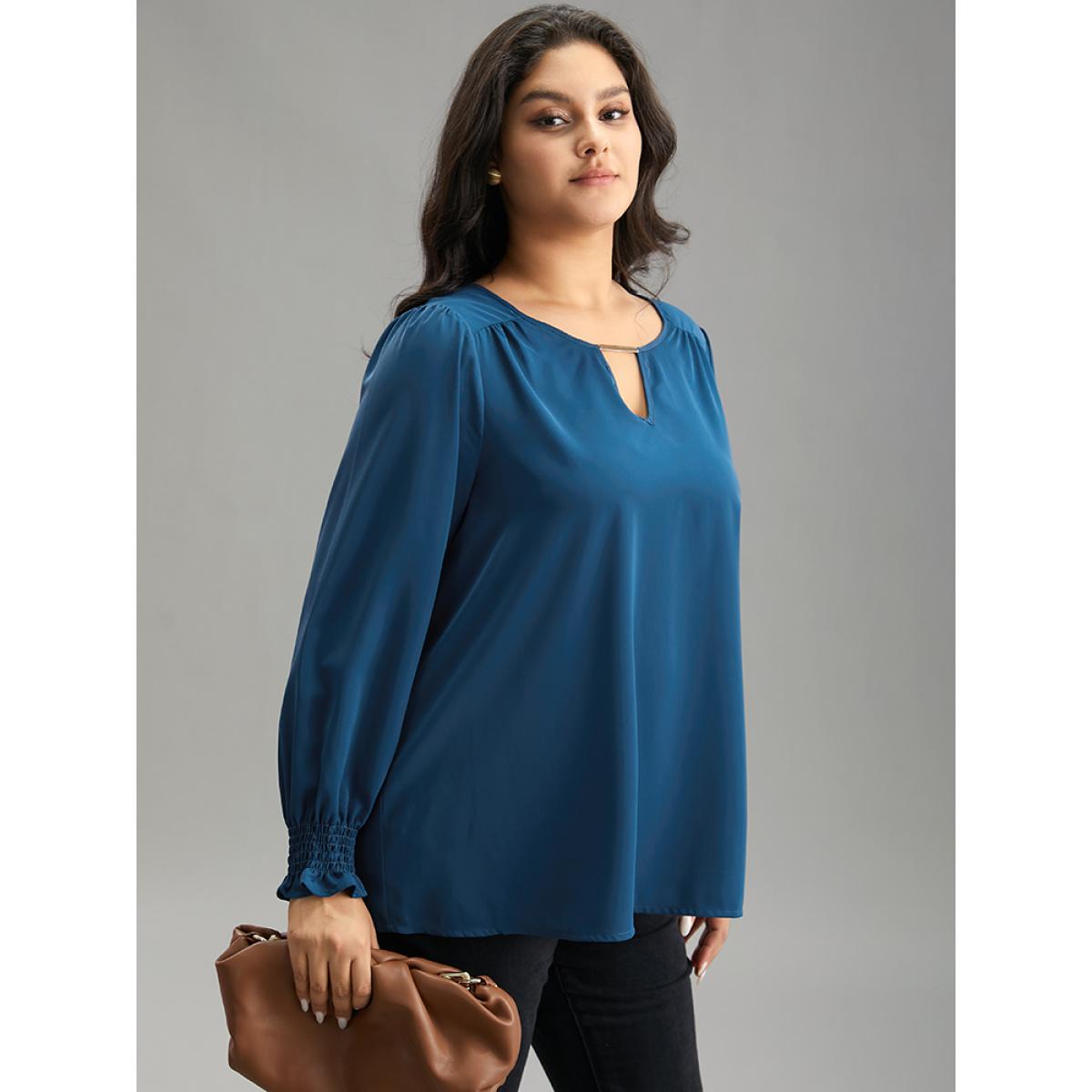 Plus Size Aegean Static-Free Plain Metal Detail Keyhole Shirred Blouse Women Office Long Sleeve Keyhole Cut-Out Office Blouses BloomChic 26/4X Product Image