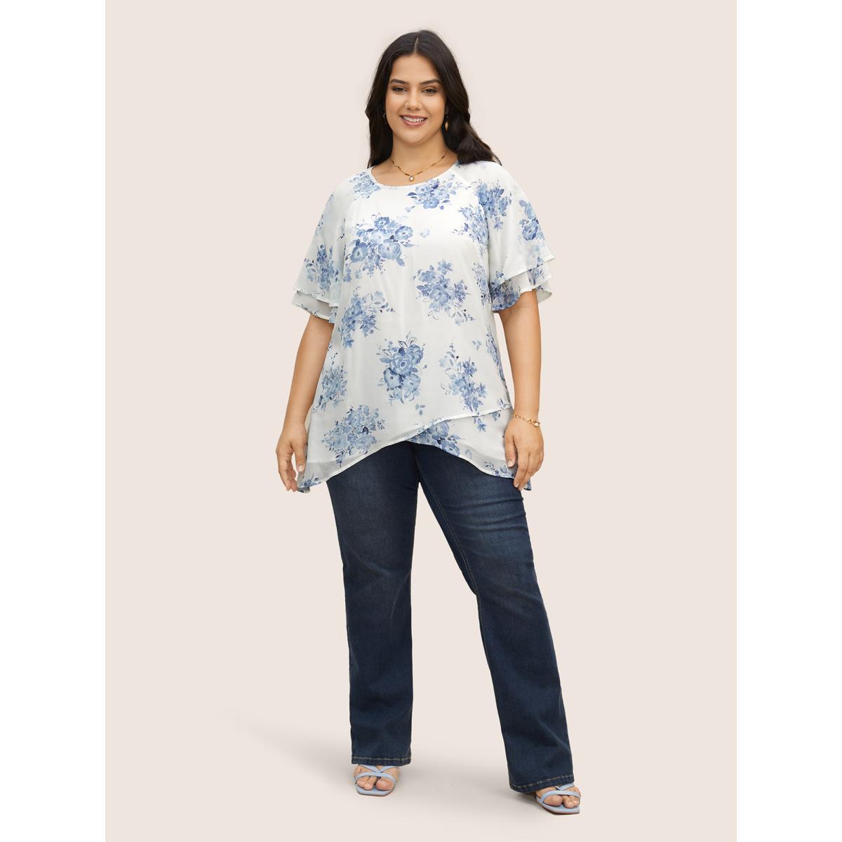 Plus Size Originalwhite Chiffon Floral Tiered Ruffles Raglan Sleeve Blouse Women Elegant Half Sleeve Round Neck Everyday Blouses BloomChic 14-16/1X Product Image