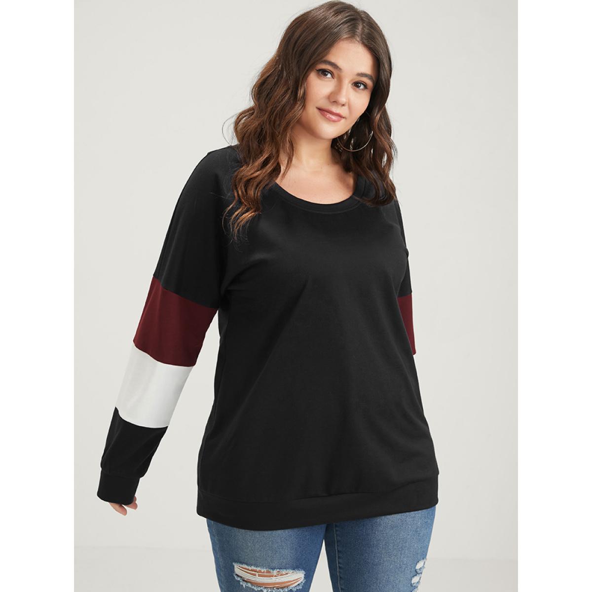 Plus Size Colorblock Patchwork Round Neck Drop Shoulder Sweatshirt Women Black Casual Contrast Round Neck Dailywear Sweatshirts BloomChic 26/4X Product Image