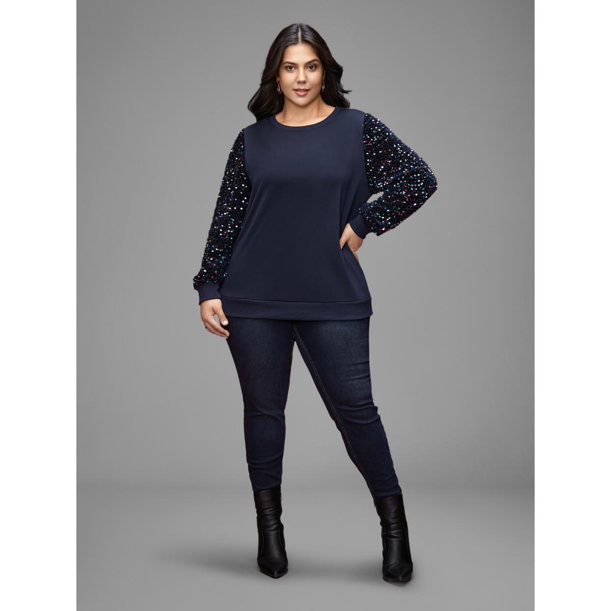 Plus Size Sequin Sleeves Velvet Panel Sweatshirt Women Indigo Casual Patchwork Round Neck Everyday Sweatshirts BloomChic 28/5X Product Image