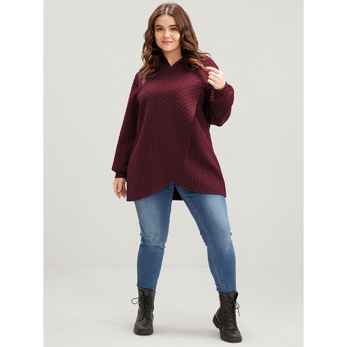 Plus Size Solid Asymmetrical Hem Cable Knit Hooded Sweatshirt Women Scarlet Lounge Asymmetrical Hooded Everyday Sweatshirts BloomChic 28/5X Product Image