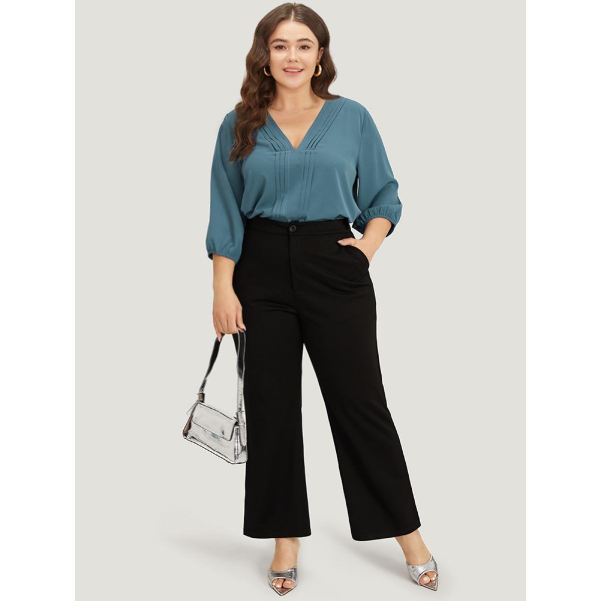 Plus Size Aegean Plain Pleated Detail Elastic Cuffs V Neck Blouse Women Office Elbow-length sleeve V-neck Work Blouses BloomChic 30/6X Product Image