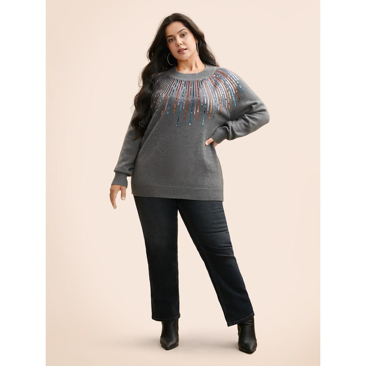 Plus Size Supersoft Essentials Sequin Raglan Sleeve Pullover DimGray Women Casual Loose Long Sleeve Round Neck Everyday Pullovers BloomChic 18-20/2X Product Image