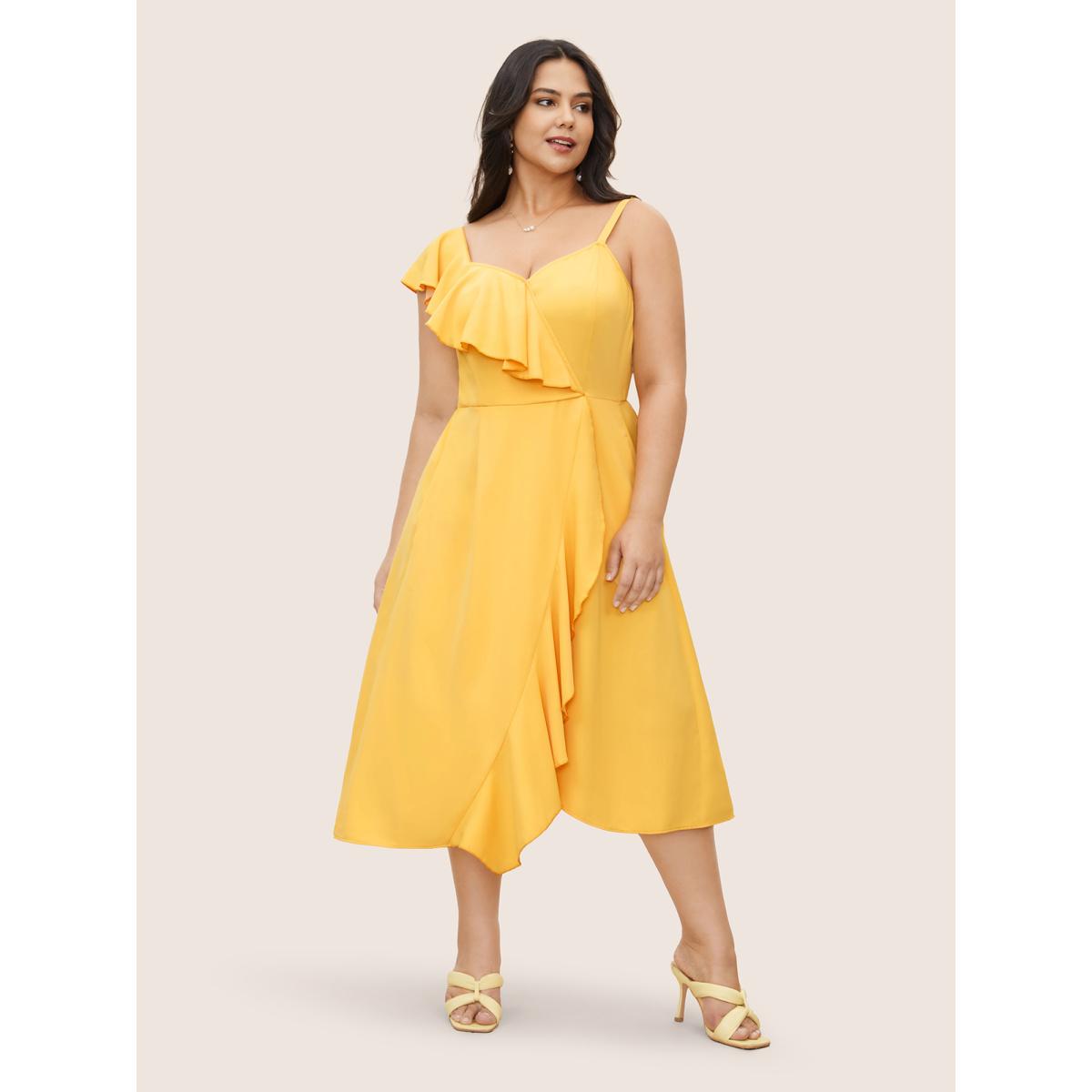 Plus Size Citrus Solid Ruffle Trim Surplice Neck Dress Gold Women Elegant Overlapping V-neck Sleeveless Curvy Midi Dress BloomChic 10/M Product Image