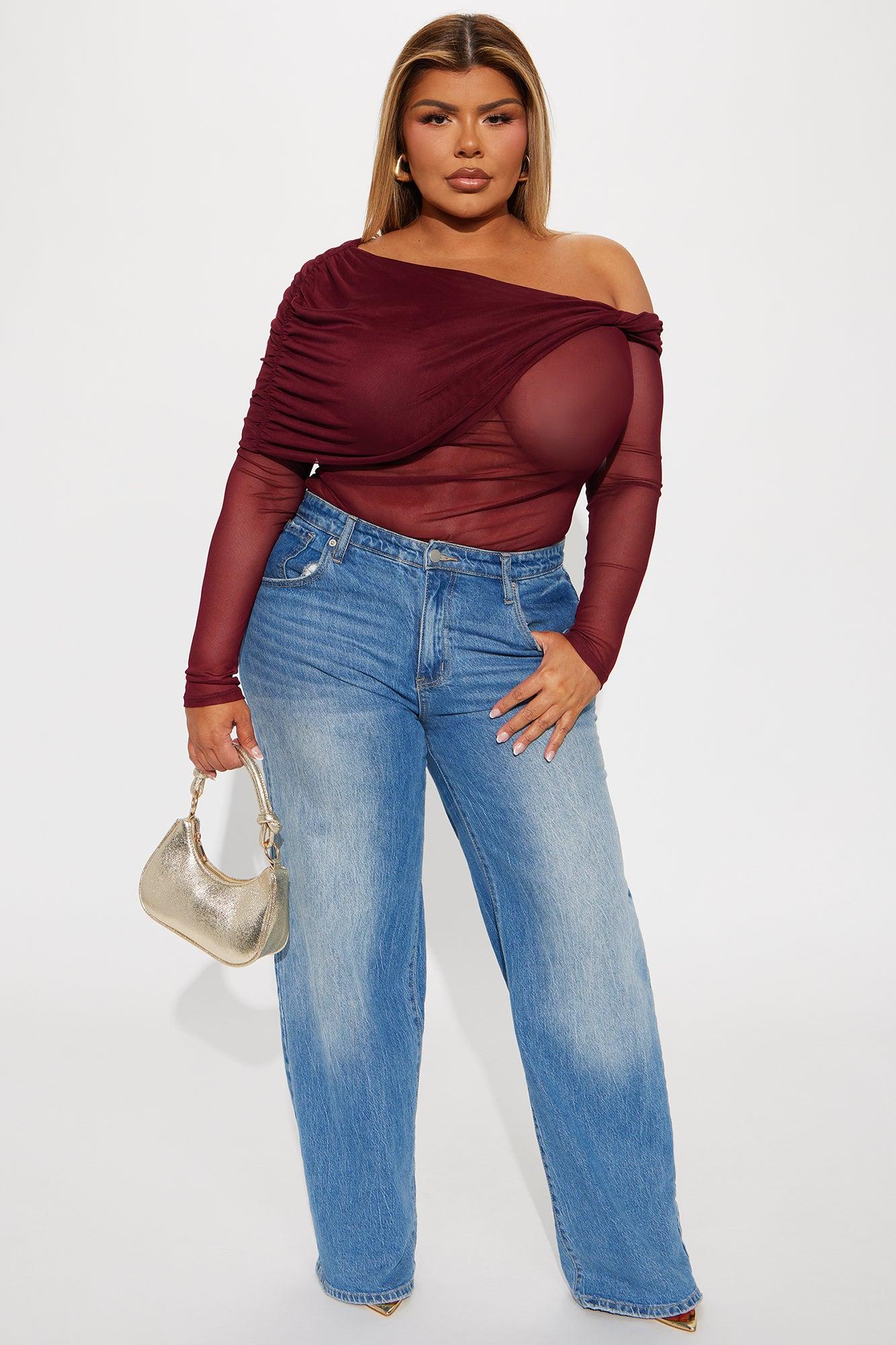Alena Mesh Off Shoulder Bodysuit - Burgundy Product Image