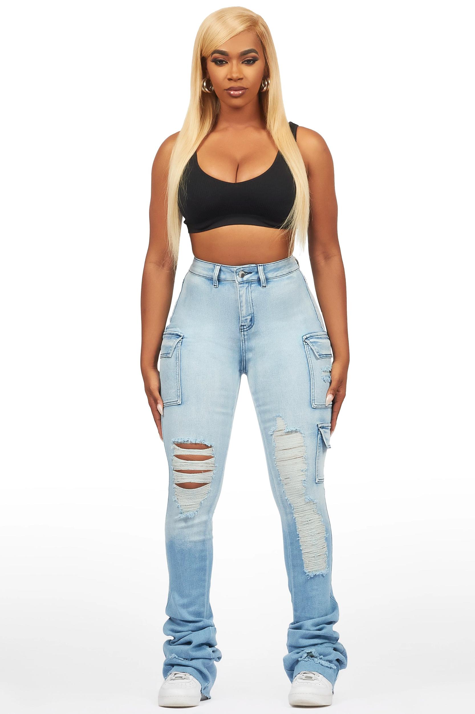 Vixen Light Wash Distressed Cargo Super Stacked Jean Female Product Image
