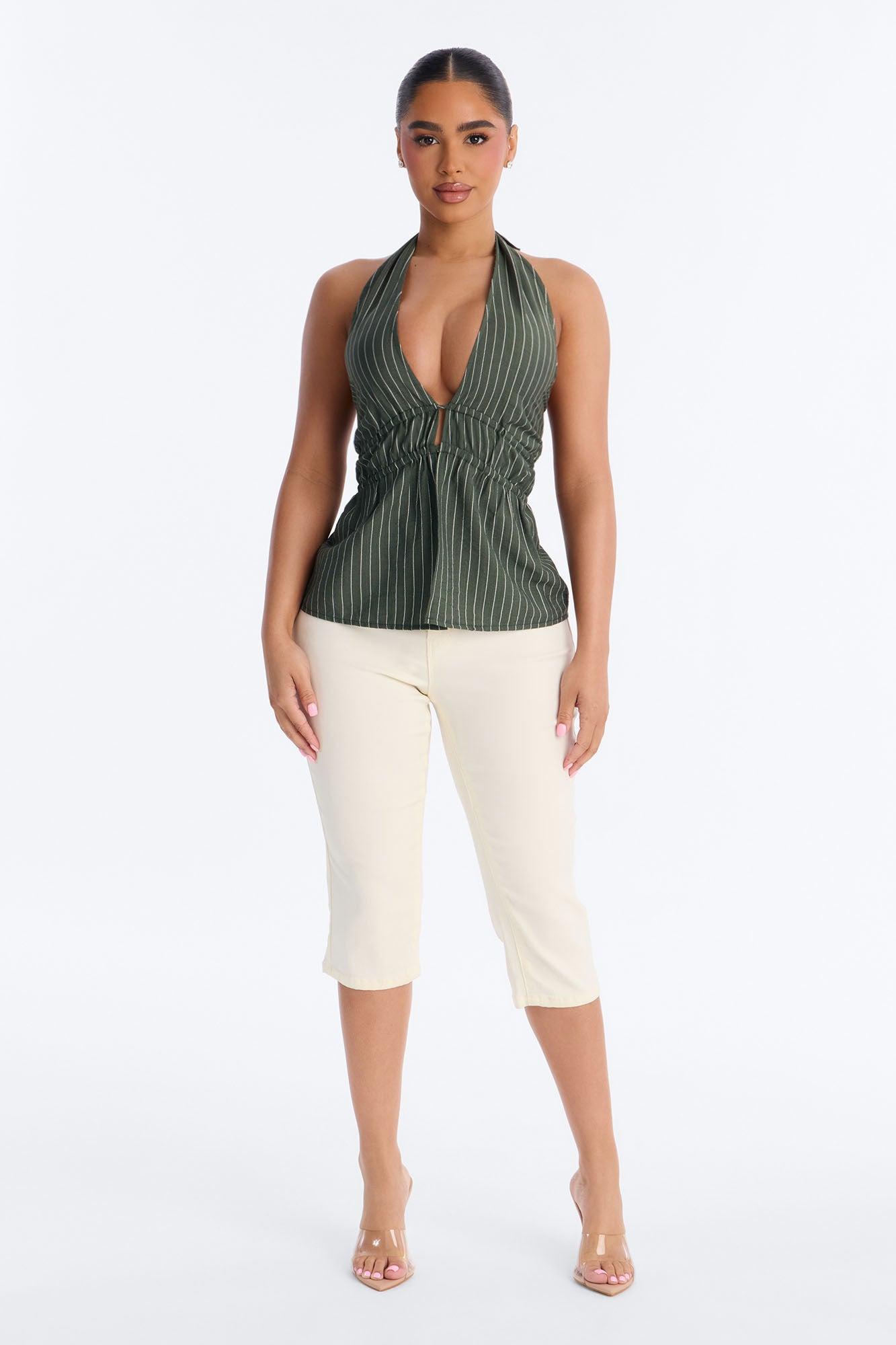 Soft Haze Linen Pinstripe Halter Top - Olive/combo Female Product Image