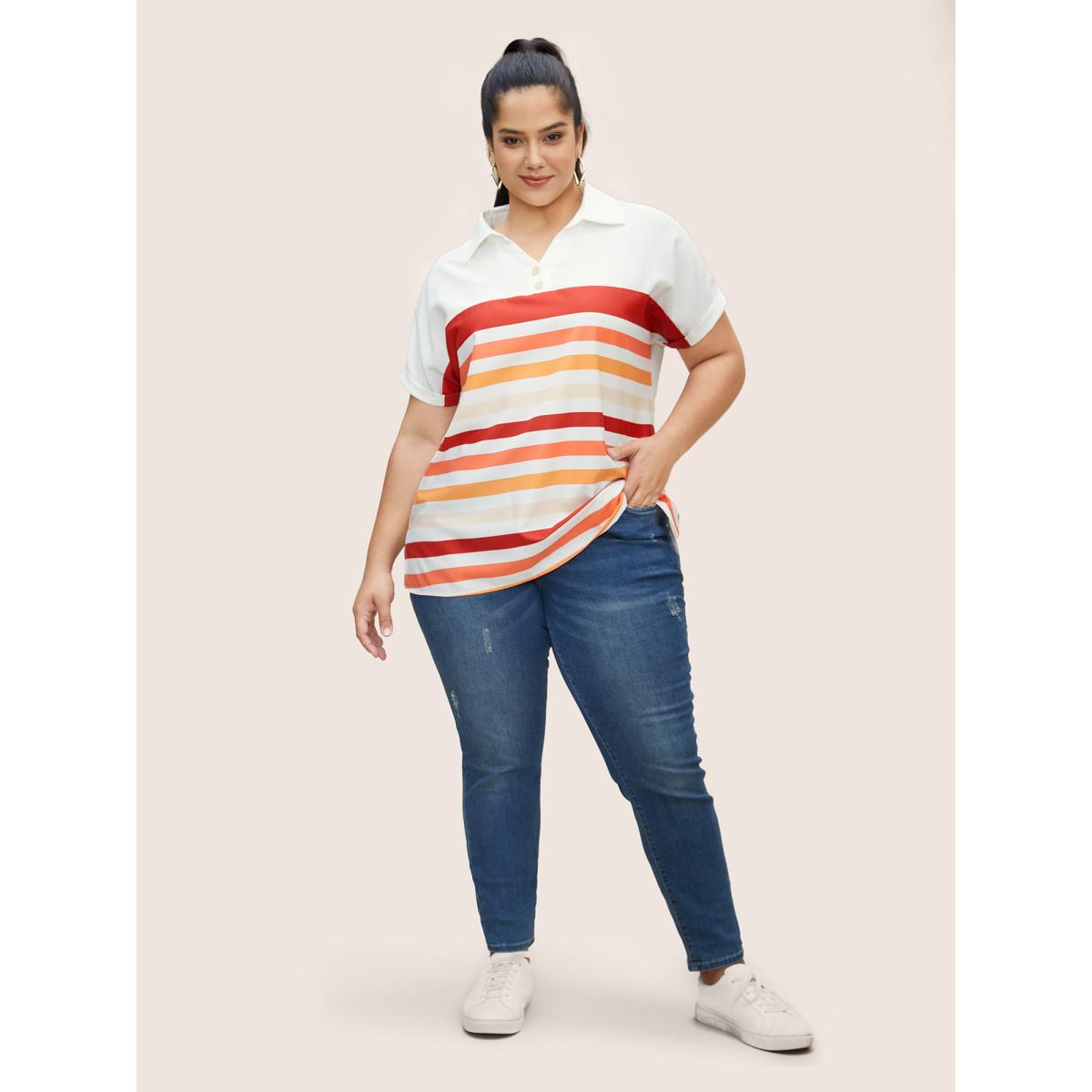 Plus Size Multicolor Striped Contrast Shirt Collar Batwing Sleeve Blouse Women Casual Short sleeve Shirt collar Everyday Blouses BloomChic 12/L Product Image