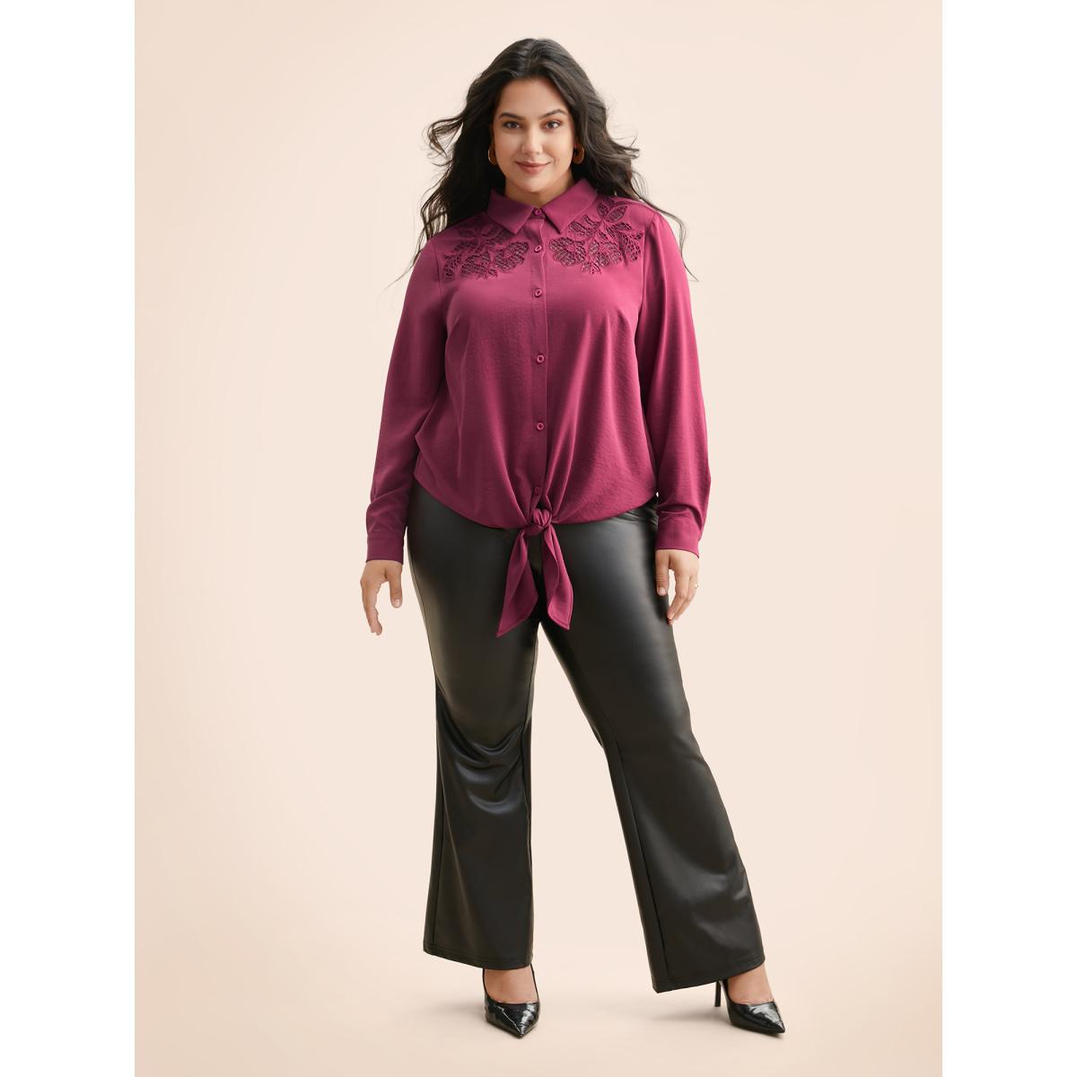 Plus Size RedViolet Shirt Collar Broderie Anglaise Tie Knot Blouse Women Elegant Long Sleeve Shirt collar Everyday Blouses BloomChic 14-16/1X Product Image