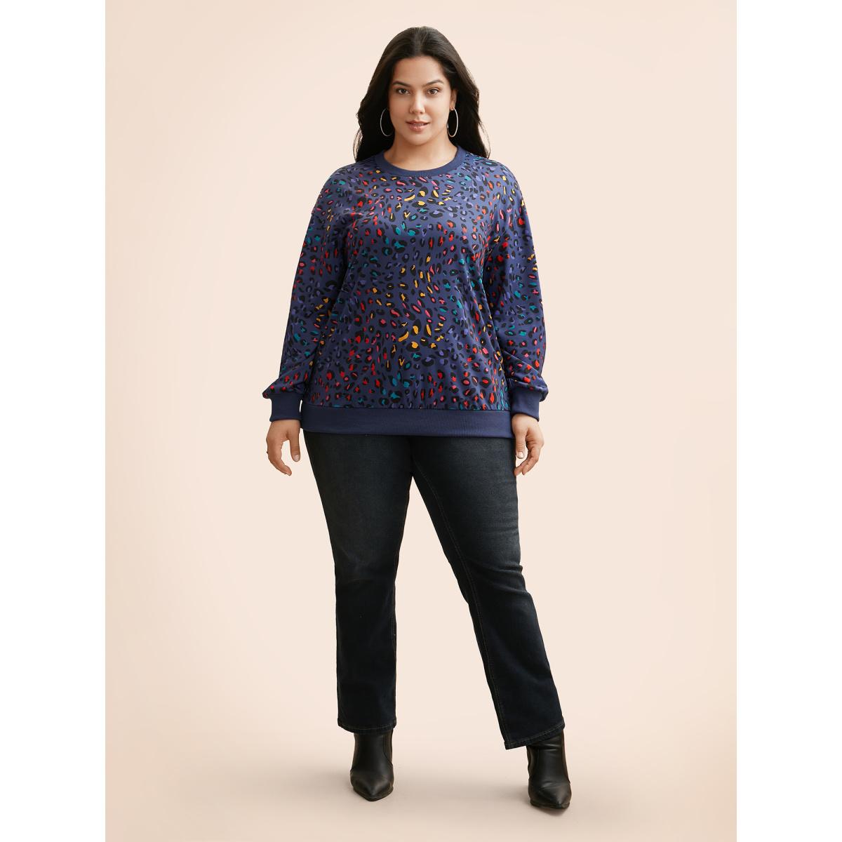 Plus Size Round Neck Color Leopard Print Sweatshirt Women Indigo Casual Contrast Round Neck Everyday Sweatshirts BloomChic 14-16/1X Product Image