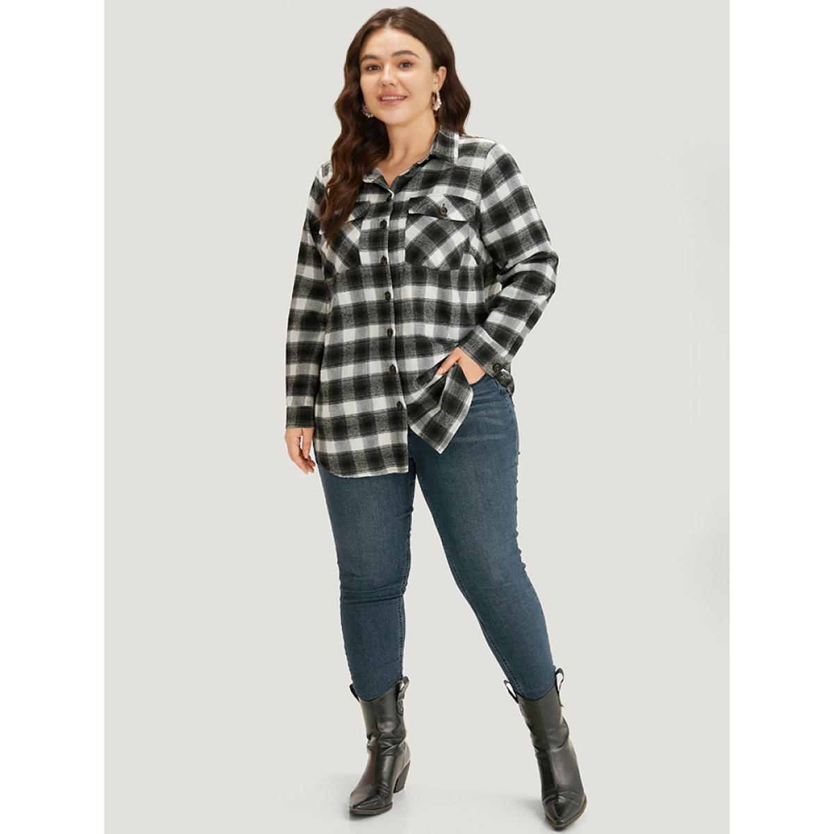 Plus Size Plaid Arc Hem Pocket Button Through Shirt Collar Coat Women Black Casual Arc Hem Ladies Dailywear Winter Coats BloomChic 14-16/1X Product Image