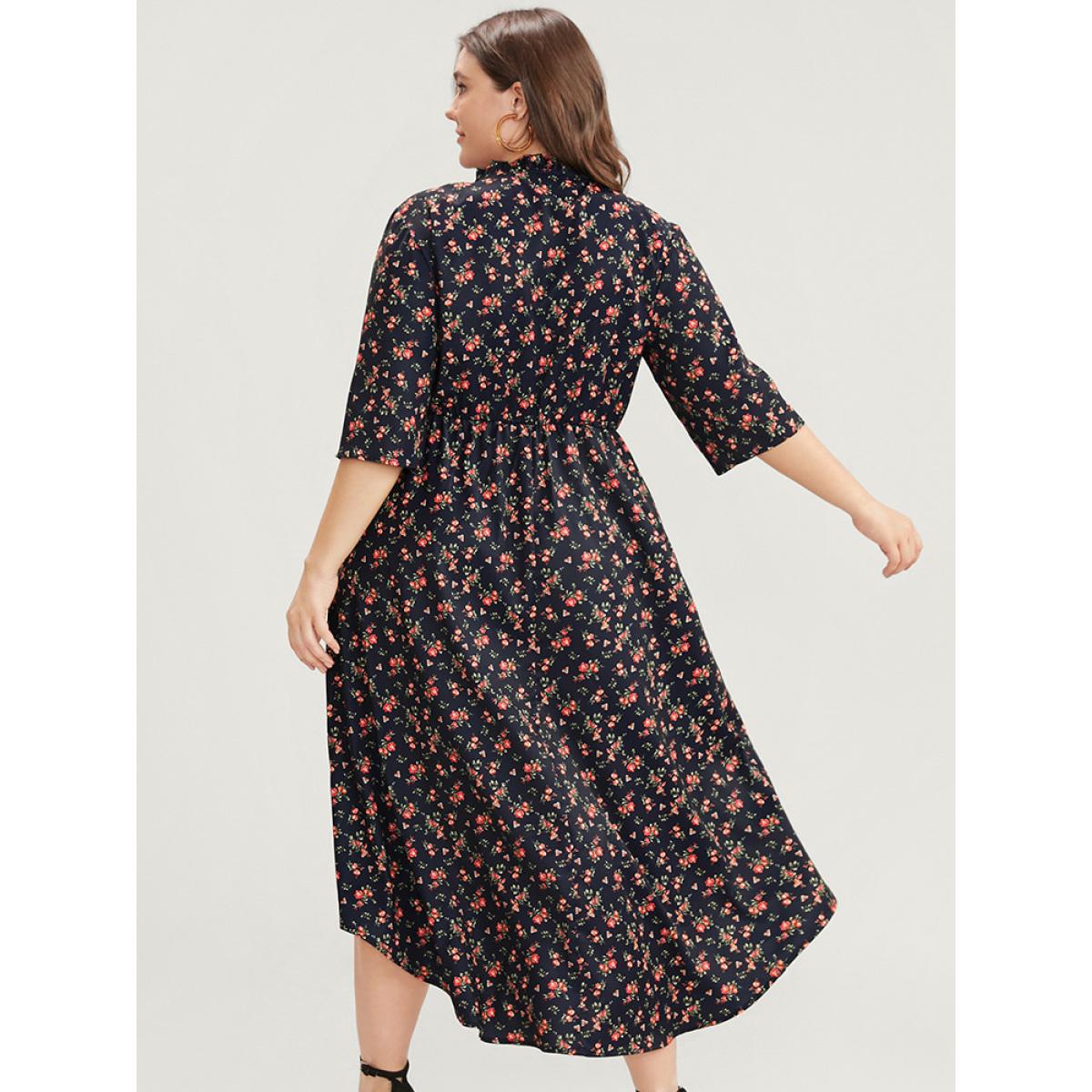 Plus Size Ditsy Floral Frill Trim Tie Neck Pocket Arc Hem Dress DarkBlue Women Elegant Cross straps Round Neck Half Sleeve Curvy Midi Dress BloomChic 22-24/3X Product Image