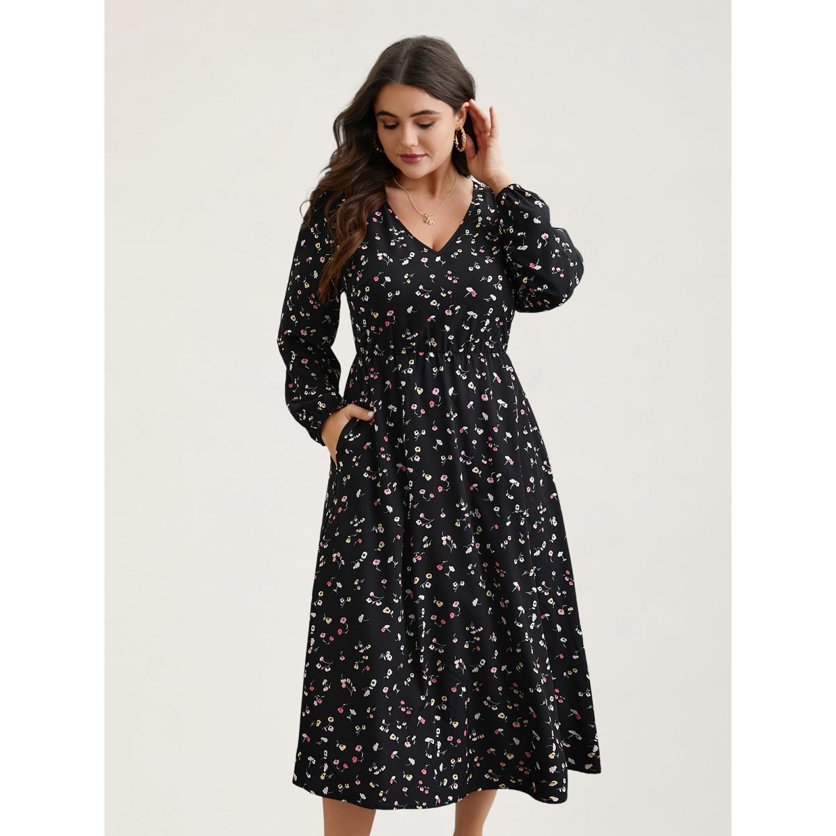 Plus Size Floral Print V-Neck Waist-Defined Midi Dress BlackFlower Women Timeless Non V-neck Long Sleeve Curvy BloomChic 18-20/2X Product Image
