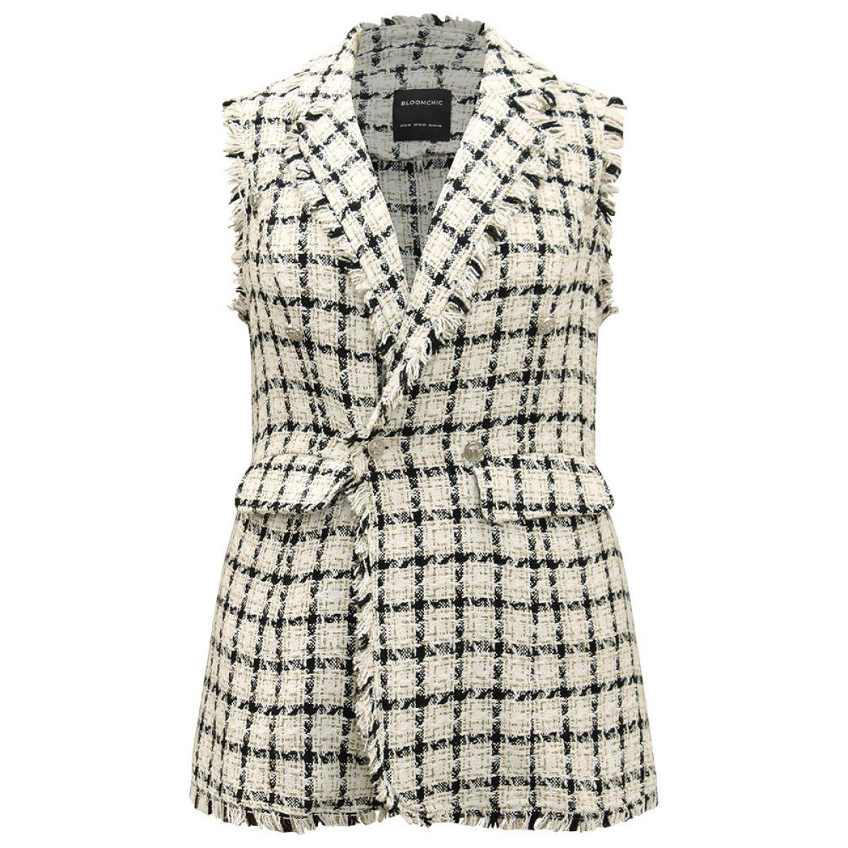 Plus Size Plaid Sleeveless Flap Pocket Button Up Blazer White Women Work Plaid Contrast Sleeve Long Sleeve Suit Collar 18-20/2X Pocket Casual Blazers BloomChic Product Image