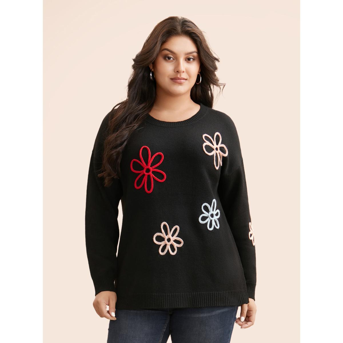 Plus Size Crochet Floral Crew Neck Pullover Black Women Casual Loose Long Sleeve Round Neck Everyday Pullovers BloomChic 18-20/2X Product Image