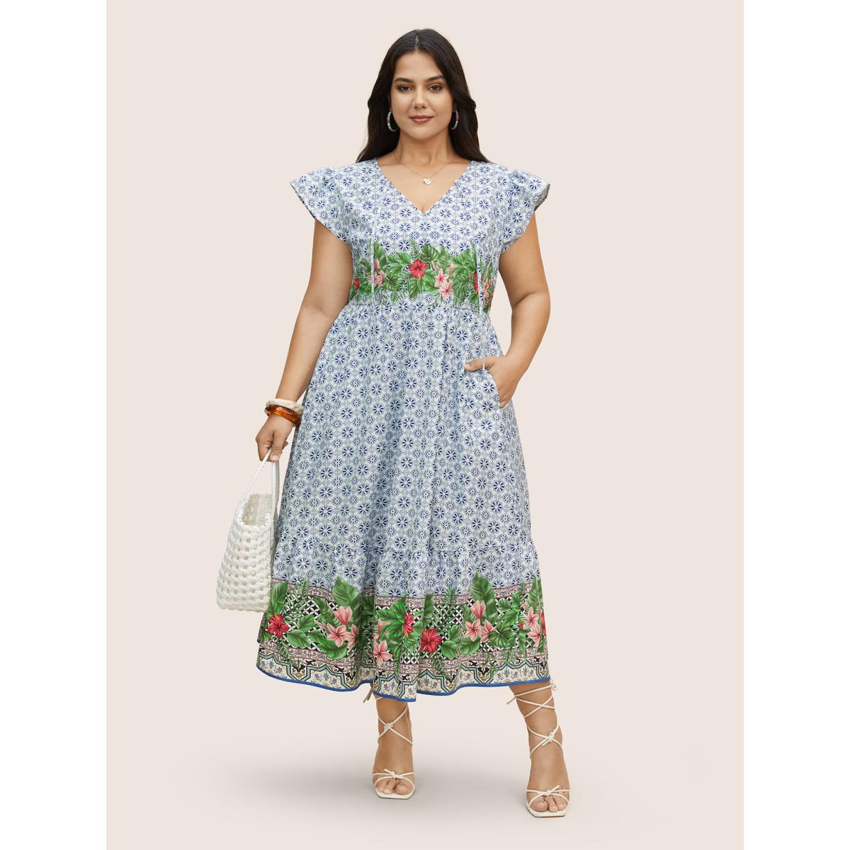 Plus Size Bandana Print Tie Knot Ruffle Cap Sleeve Dress LightBlue Women Resort Tie knot V-neck Cap Sleeve Curvy BloomChic 10/M Product Image