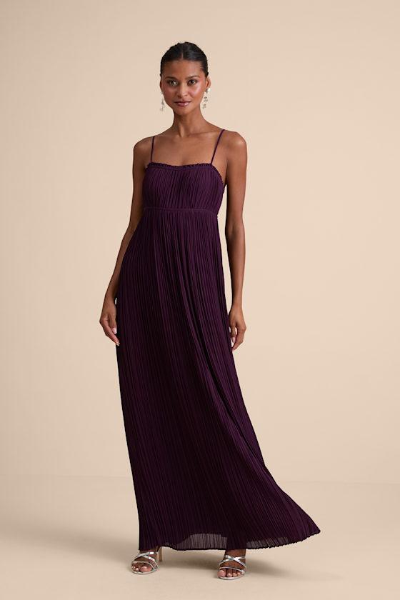 Delina Plum Plisse Chiffon Tie-Back Maxi Dress Product Image