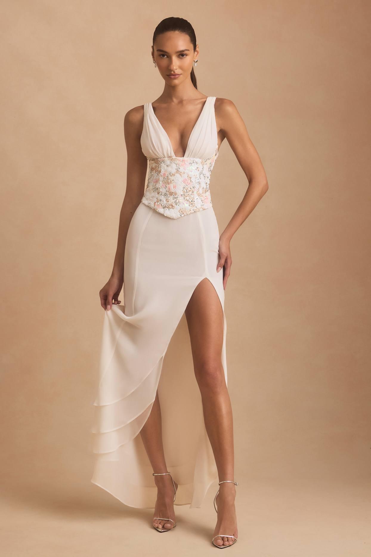 Embellished Plunge Ruffled Corset Maxi Dress in Ivory Product Image