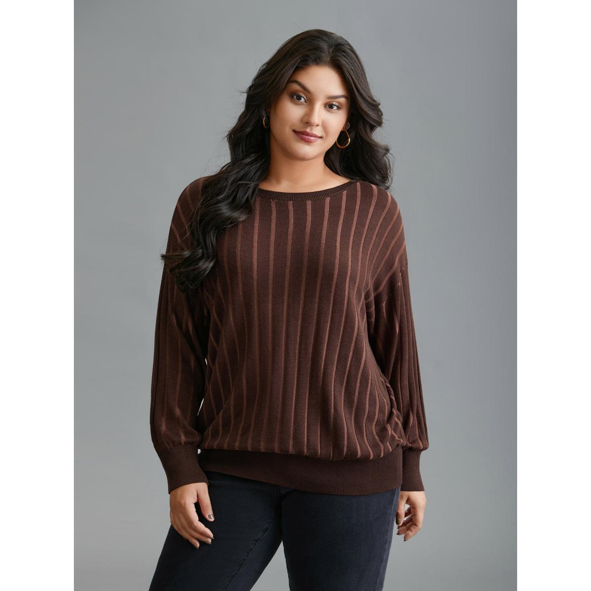 Plus Size Textured Ribbed Hem Round Neck Pullover Browncoffeecolor Women Casual Loose Long Sleeve Round Neck Everyday Pullovers BloomChic 10/M Product Image