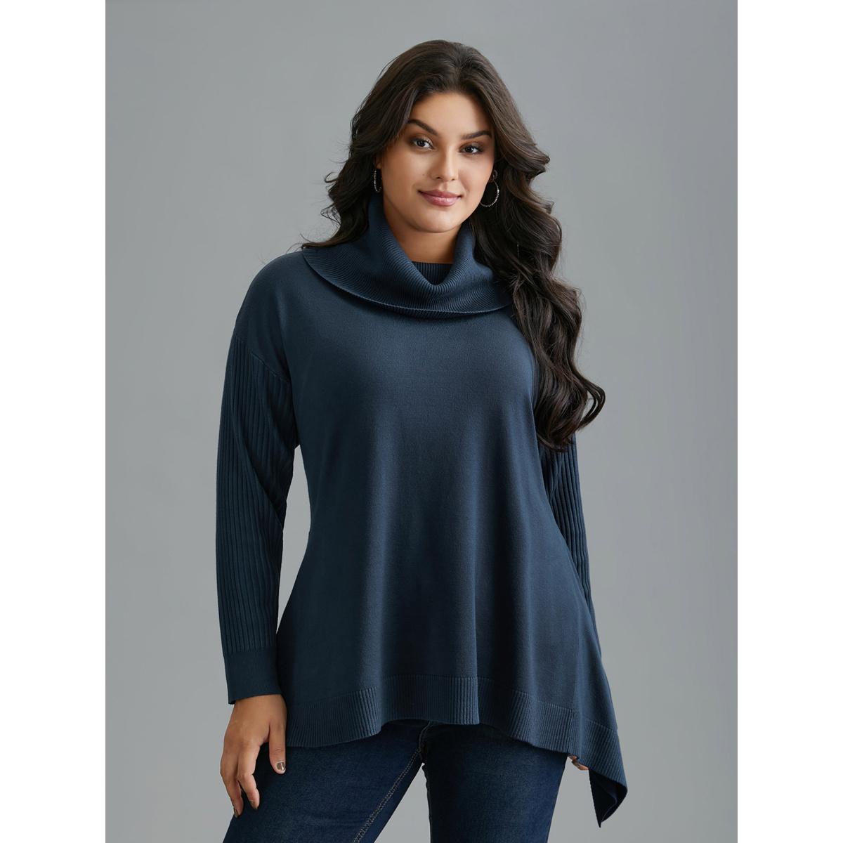 Plus Size Supersoft Essentials Textured Drop Shoulder Turtleneck Pullover Indigo Women Casual Loose Long Sleeve Turtleneck Everyday Pullovers BloomChic 14-16/1X Product Image