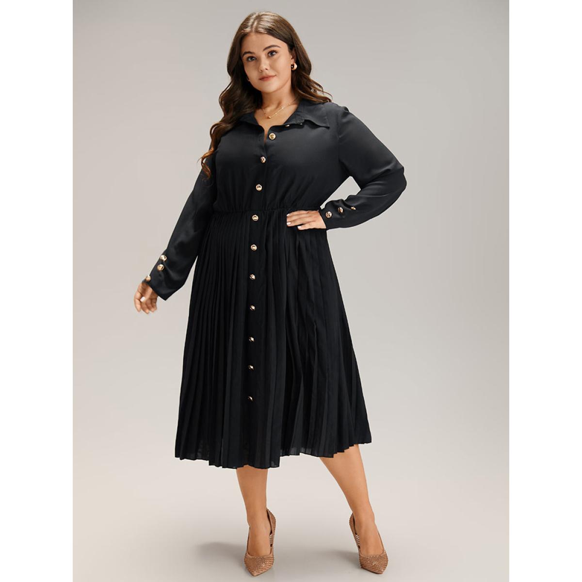 Plus Size Solid Shirt Collar Pleated Metal Detail Dress Black Women Office Plain Shirt collar Long Sleeve Curvy Midi Dress BloomChic 14-16/1X Product Image